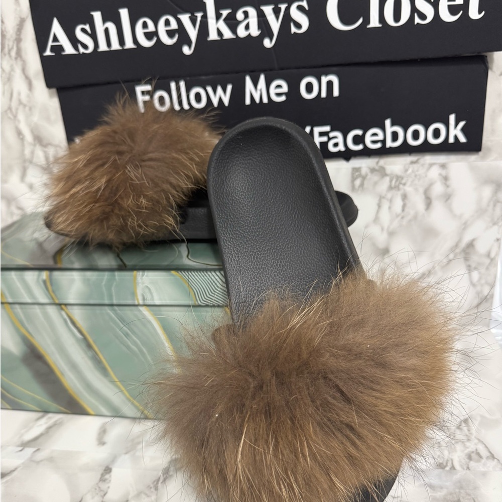 Furry Brown Slide Sandals